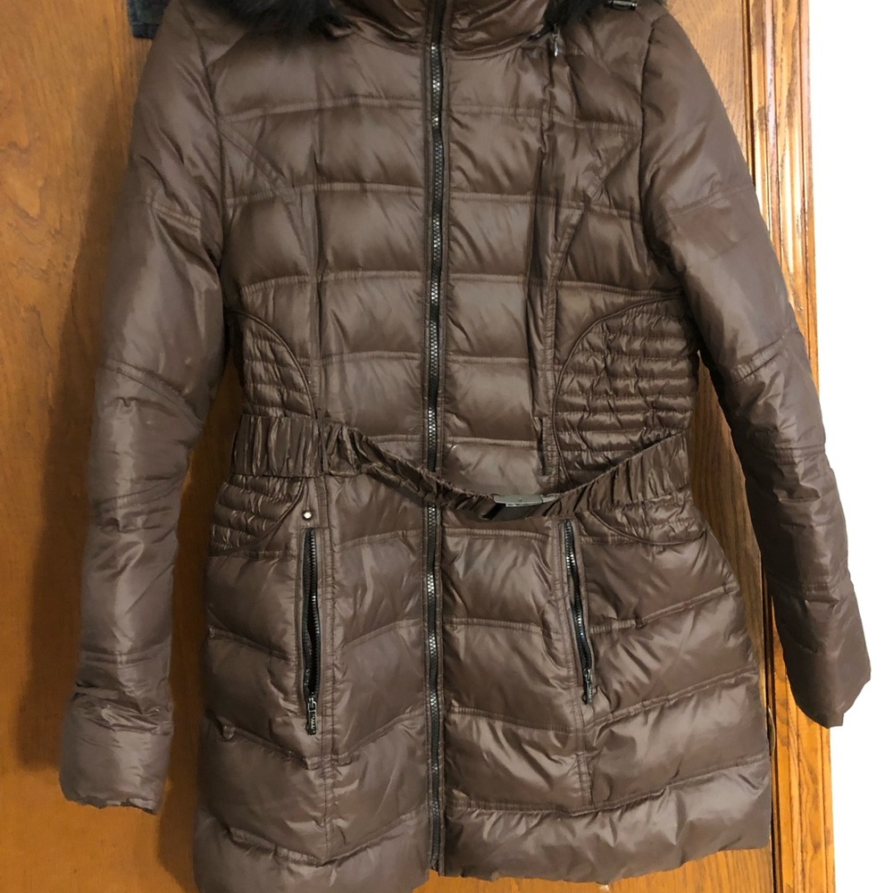 Laundry Shelli Segal Down Puffer Jacket Jet Brown Fitted Belted Sz L
